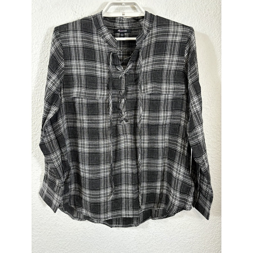 Madewell Plaid Shirt Womens Small Black Gray Wool Blend Long Sleeve Lace Up Top